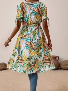 SHEIN VCAY Tropical Print Knot Cuff Wrap Hem Blouse - Multicolor - View 3