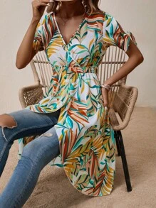 SHEIN VCAY Tropical Print Knot Cuff Wrap Hem Blouse - Multicolor - View 4