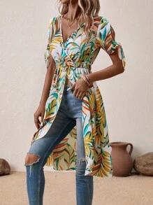 SHEIN VCAY Tropical Print Knot Cuff Wrap Hem Blouse - Multicolor - View 5