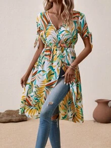 SHEIN VCAY Tropical Print Knot Cuff Wrap Hem Blouse - Multicolor - View 6