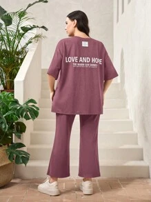 Mulvari Bộ thời trang Plus Size Đắp vá Lá thư Giải trí - Màu tím hoa cà - Xem 2