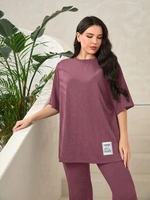 Mulvari Bộ thời trang Plus Size Đắp vá Lá thư Giải trí - Màu tím hoa cà - Xem 6