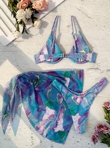 SHEIN Swim 滿版印花帶鋼圈比基尼泳裝附沙灘裙 - 彩色 - 查看 2