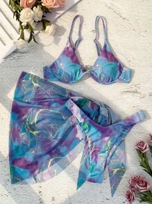 SHEIN Swim 滿版印花帶鋼圈比基尼泳裝附沙灘裙 - 彩色 - 查看 1