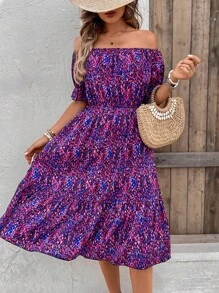 SHEIN VCAY 滿版印花一字肩荷葉邊連衣裙 - 紫色 - 查看 3