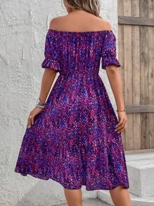 SHEIN VCAY 滿版印花一字肩荷葉邊連衣裙 - 紫色 - 查看 4