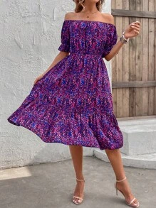 SHEIN VCAY 滿版印花一字肩荷葉邊連衣裙 - 紫色 - 查看 2