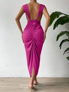 SHEIN Privé Chi tiết draped Không lưng Xù Tách đùi Đầm - Màu Hồng Tươi - Xem 2