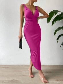 SHEIN Privé Chi tiết draped Không lưng Xù Tách đùi Đầm - Màu Hồng Tươi - Xem 8