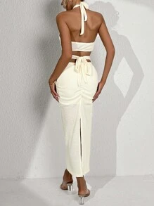 SHEIN Privé Twist Front Halter Top & Skirt - Beige - View 2