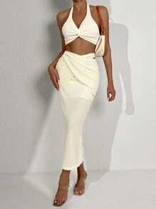 SHEIN Privé Twist Front Halter Top & Skirt - Beige - View 4
