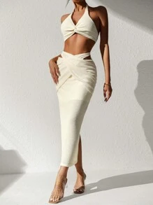 SHEIN Privé Twist Front Halter Top & Skirt - Beige - View 5