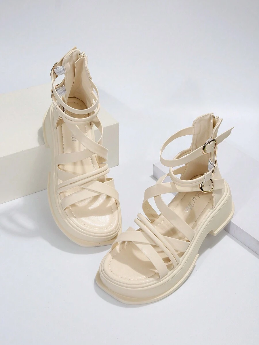 Giày xăng đan có khóa trang trí cho nữ, Dép đấu sĩ màu be cho kỳ nghỉ cho mùa hè - Màu be - Xem 1