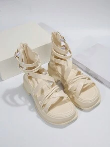Giày xăng đan có khóa trang trí cho nữ, Dép đấu sĩ màu be cho kỳ nghỉ cho mùa hè - Màu be - Xem 2