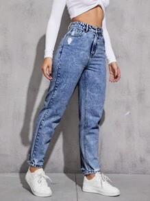 Jeans ajustados mom desgarro unicolor