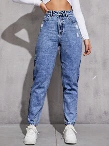 Jeans ajustados mom desgarro unicolor