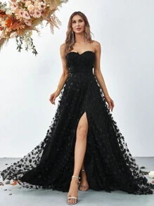 Strapless Sweetheart Neckline Evening Gown With High Slit & Floral Lace A-Line Skirt - Floor-Length Formal Dress For Gala Dinners, Red Carpet Events, Black-Tie Weddings, Opera Nights, And Luxury Charity Galas,Party Dress,Wedding Guest - 黑色 - 查看 5