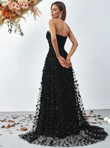 Strapless Sweetheart Neckline Evening Gown With High Slit & Floral Lace A-Line Skirt - Floor-Length Formal Dress For Gala Dinners, Red Carpet Events, Black-Tie Weddings, Opera Nights, And Luxury Charity Galas,Party Dress,Wedding Guest - 黑色 - 查看 2