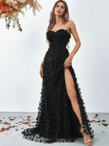 Strapless Sweetheart Neckline Evening Gown With High Slit & Floral Lace A-Line Skirt - Floor-Length Formal Dress For Gala Dinners, Red Carpet Events, Black-Tie Weddings, Opera Nights, And Luxury Charity Galas,Party Dress,Wedding Guest - 黑色 - 查看 1