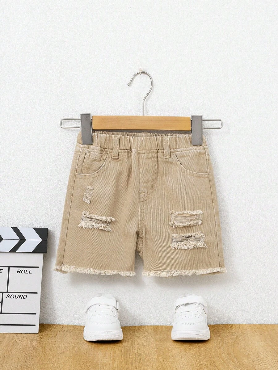 SHEIN Toddler Boys Ripped Raw Hem Denim Shorts - Khaki - View 1