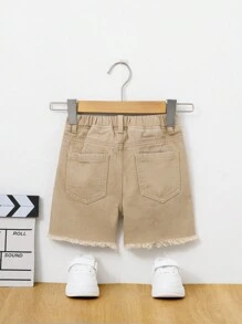 SHEIN Toddler Boys Ripped Raw Hem Denim Shorts - Khaki - View 2