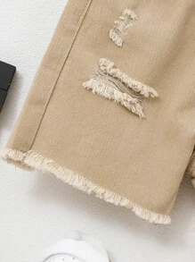 SHEIN Toddler Boys Ripped Raw Hem Denim Shorts - Khaki - View 3