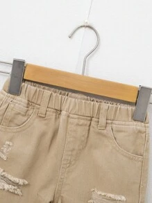 SHEIN Toddler Boys Ripped Raw Hem Denim Shorts - Khaki - View 4
