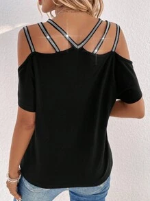 SHEIN LUNE Camiseta Negra De Mujer Del Festival De Música De Patrón De Corazones En Hombros Al Descubierto - Negro - Ver 2