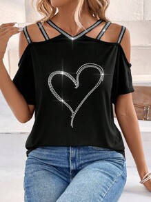 SHEIN LUNE Camiseta Negra De Mujer Del Festival De Música De Patrón De Corazones En Hombros Al Descubierto - Negro - Ver 1