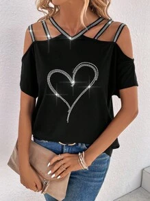 SHEIN LUNE Camiseta Negra De Mujer Del Festival De Música De Patrón De Corazones En Hombros Al Descubierto - Negro - Ver 4