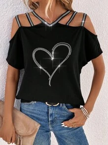 SHEIN LUNE Camiseta Negra De Mujer Del Festival De Música De Patrón De Corazones En Hombros Al Descubierto - Negro - Ver 6