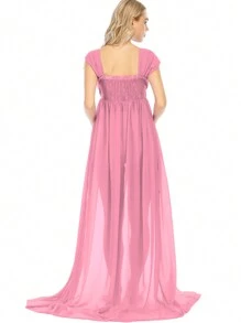 JustVH Vestido de maternidad de hombros descubiertos con envolvente y bajo con abertura para sesiones fotográficas de maternidad - Rosa - Ver 2