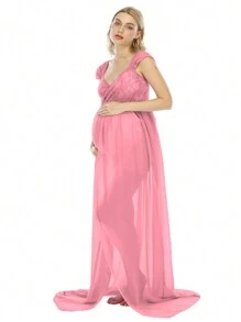 JustVH Vestido de maternidad de hombros descubiertos con envolvente y bajo con abertura para sesiones fotográficas de maternidad - Rosa - Ver 5