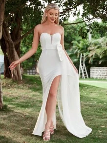 Contrast Mesh Split Thigh Tube Wedding Dress - White - View 6