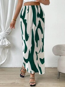 SHEIN Privé 滿版印花彈性腰帶半身裙 - 白色 - 查看 1