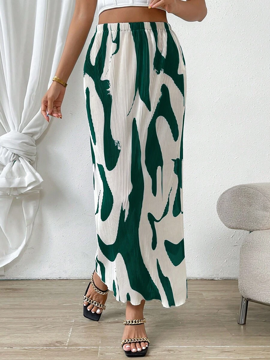 SHEIN Privé 滿版印花彈性腰帶半身裙 - 白色 - 查看 1