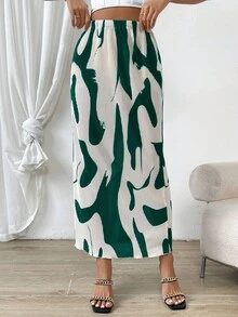 SHEIN Privé 滿版印花彈性腰帶半身裙 - 白色 - 查看 3