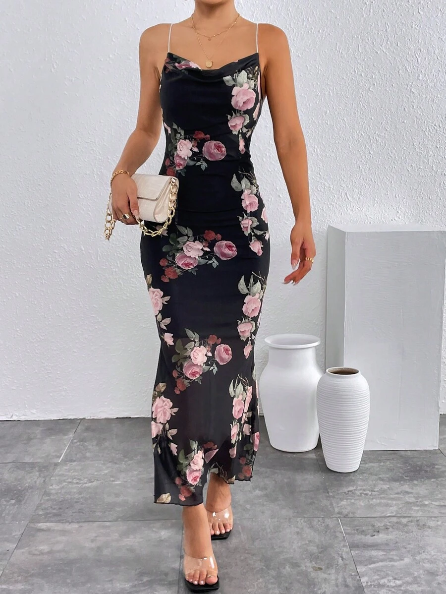 SHEIN Privé 印花垂領魚尾裙下擺吊帶連衣裙 - 黑色 - 查看 1