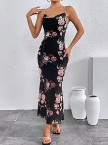 SHEIN Privé 印花垂領魚尾裙下擺吊帶連衣裙 - 黑色 - 查看 3