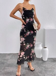 SHEIN Privé 印花垂領魚尾裙下擺吊帶連衣裙 - 黑色 - 查看 4