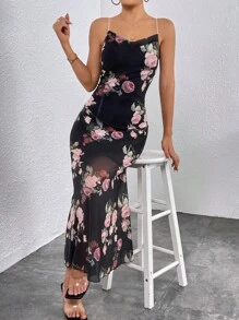 SHEIN Privé 印花垂領魚尾裙下擺吊帶連衣裙 - 黑色 - 查看 6