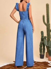 SHEIN Frenchy Jumpsuit mit Rüschenbesatz, breitem Beinschnitt, Denim