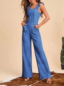 SHEIN Frenchy Jumpsuit mit Rüschenbesatz, breitem Beinschnitt, Denim