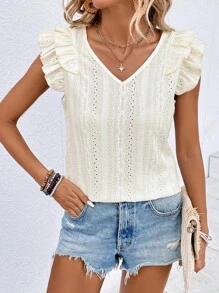 SHEIN LUNE Áo thun nữ Xù Tranh thêu màu trơn Giải trí - Màu be - Xem 1