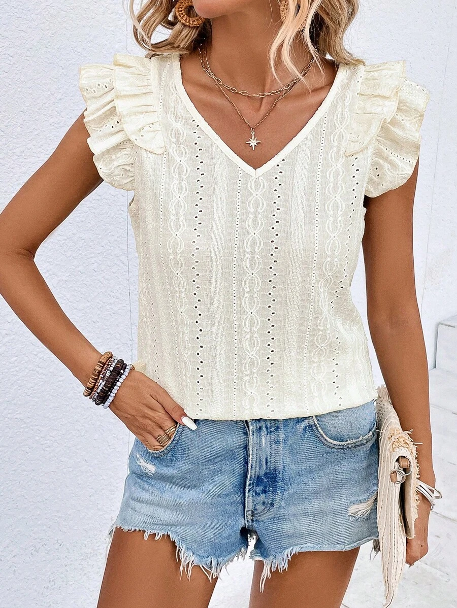 SHEIN LUNE Áo thun nữ Xù Tranh thêu màu trơn Giải trí - Màu be - Xem 1