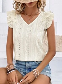 SHEIN LUNE Áo thun nữ Xù Tranh thêu màu trơn Giải trí - Màu be - Xem 3