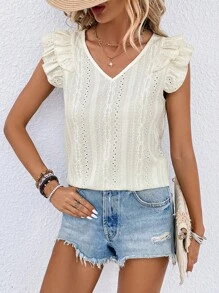 SHEIN LUNE Áo thun nữ Xù Tranh thêu màu trơn Giải trí - Màu be - Xem 6