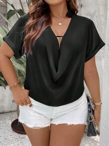 Calvaya Áo sơ mi Plus Size Vắt màu trơn Giải trí - màu đen - Xem 6