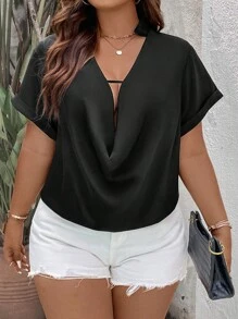Calvaya Áo sơ mi Plus Size Vắt màu trơn Giải trí - màu đen - Xem 5