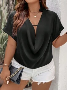 Calvaya Áo sơ mi Plus Size Vắt màu trơn Giải trí - màu đen - Xem 4